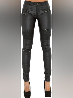 Womens Black Moto-Style Coated Skinny Pants